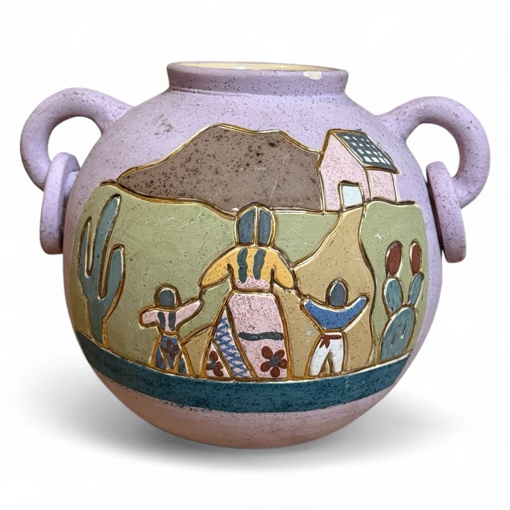 Vintage Ceramica Gardiel Linea Gold Lined Mexican Pottery Lavender Tan Green